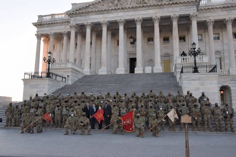 COURTESY PHOTO
                                Hawaii’s Sen. Brian Schatz and Mazie Hirono along with Rep. Ed Case and Rep. Kai Kahele express their gratitude to the Hawaii National Guard members for their service during the inauguration.