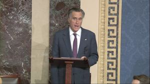 SENATE TELEVISION VIA AP
                                In this image from video, Sen. Mitt Romney, R-Utah, speaks as the Senate reconvenes to debate the objection to confirm the Electoral College vote from Arizona.
