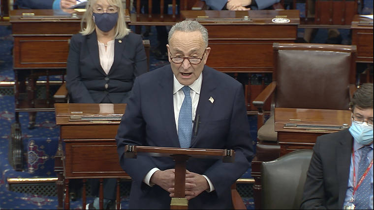 SENATE TELEVISION VIA ASSOCIATED PRESS
                                Senate Minority Leader Chuck Schumer of N.Y., spoke as the Senate reconvened after protesters stormed into the U.S. Capitol on Wednesday.
