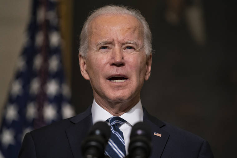 ASSOCIATED PRESS
                                President Joe Biden spoke, Wednesday, in the State Dining Room of the White House in Washington. Biden’s $1.9 trillion COVID-19 relief package presents a first political test.