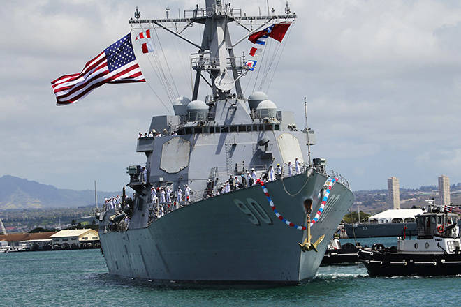 STAR-ADVERTISER / 2012
                                The guided-missile destroyer USS Chafee (DDG 90) decked out with a giant lei, slowly made it’s way to dock at Pearl Harbor after a six-month independent deployment to the Western Pacific.