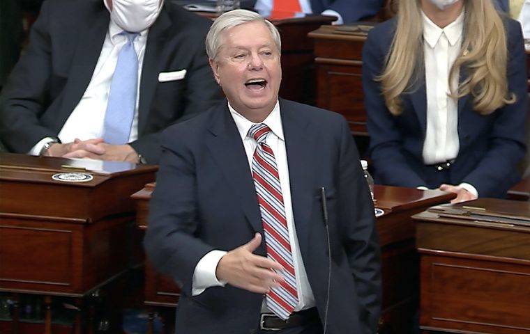 SENATE TELEVISION VIA ASSOCIATED PRESS
                                Sen. Lindsey Graham, R-S.C., spoke as the Senate reconvened to debate the objection to confirm the Electoral College Vote from Arizona, after protesters stormed into the U.S. Capitol on Wednesday.