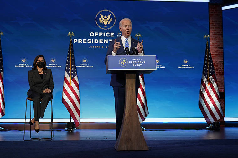 ASSOCIATED PRESS
                                President-elect Joe Biden speaks about the COVID-19 pandemic during an event at The Queen theater today in Wilmington, Del., as Vice President-elect Kamala Harris listens.
