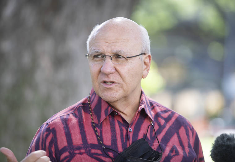 CINDY ELLEN RUSSELL / CRUSSELL@STARADVERTISER.COM
                                Honolulu Mayor Rick Blangiardi held a press conference outdoors today.