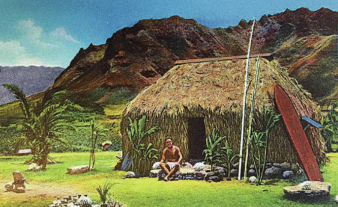 COURTESY CAROLE KAAPU
                                Some people on the mainland thought all Hawaii residents lived in grass huts, danced hula, played the ukulele and surfed. David Kaapu sits in front of the Hawaiian-style home he built in the 1930s in Punaluu.