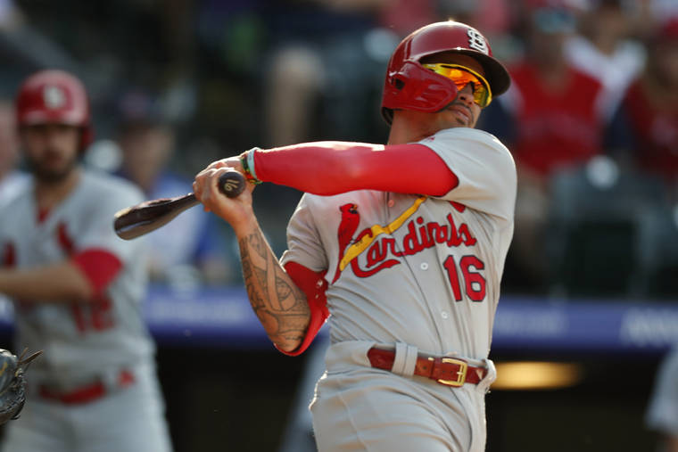 ASSOCIATED PRESS / 2019
                                St. Louis Cardinals second baseman Kolten Wong bats in the ninth inning of a baseball game against the Colorado Rockies in Denver.
