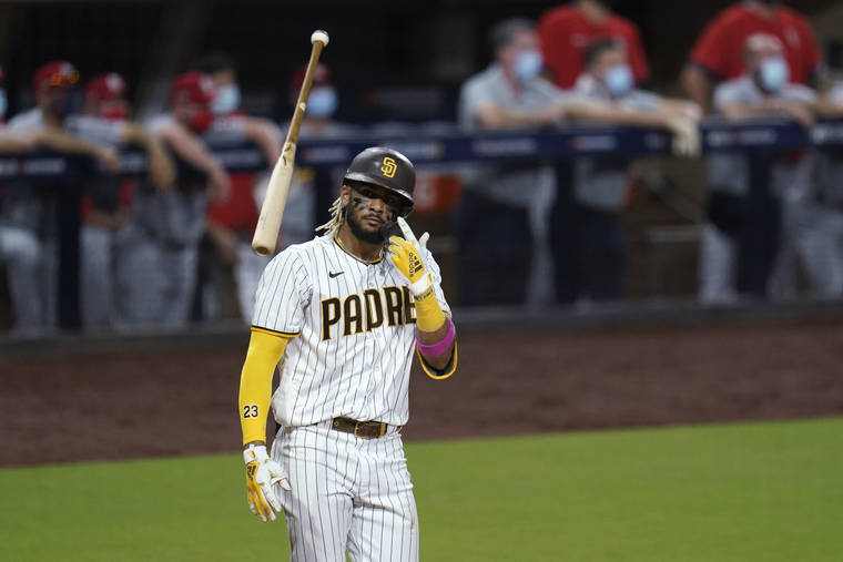 ASSOCIATED PRESS
                                San Diego Padres’ Fernando Tatis Jr. tosses his bat after hitting a two-run home run during the seventh inning of Game 2 of the team’s National League wild-card baseball series against the St. Louis Cardinals in San Diego