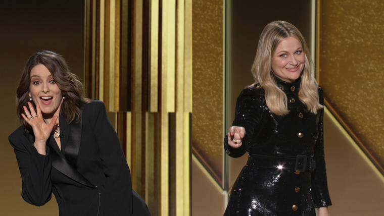 COURTESY NBC
                                Hosts Tina Fey, left, from New York, and Amy Poehler, from Beverly Hills, Calif., speak at the Golden Globe Awards.