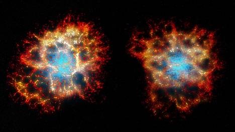 COURTESY THOMAS MARTIN, DANNY MILISAVLJEVIC AND LAURENT DRISSEN
                                A 3D reconstruction of the Crab Nebula remnant as seen from Earth, left, and another point of view showing its heart-shaped morphology.