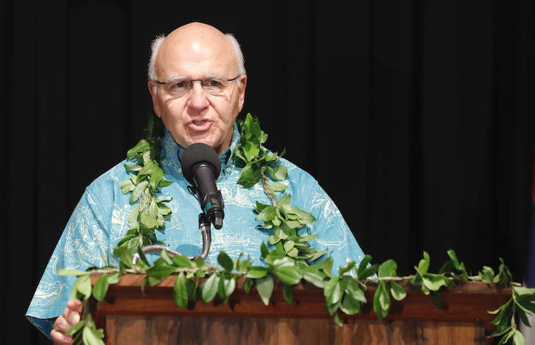 JAMM AQUINO / MARCH 15
                                Honolulu Mayor Rick Blangiardi delivers his State of the City address on March 15 at Mission Memorial Auditorium in Honolulu. The mayor announced today that outdoor weddings on Oahu may now have up to 100 people.