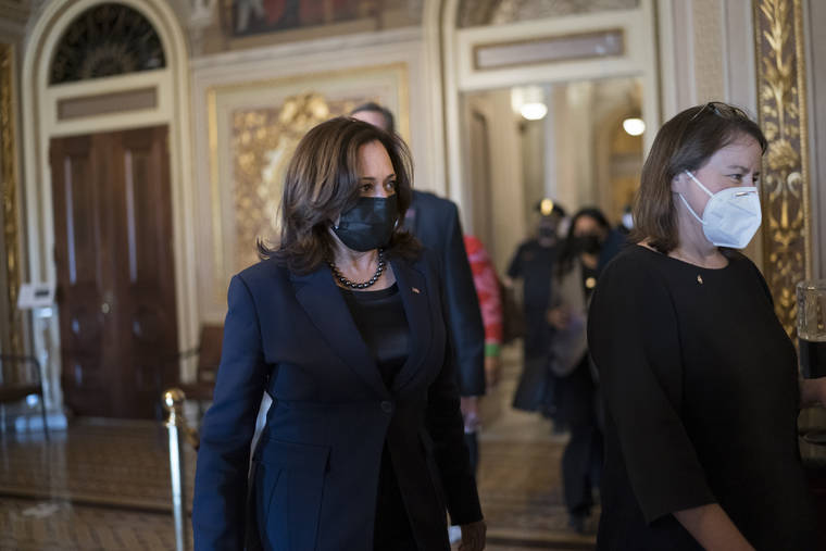 ASSOCIATED PRESS
                                Vice President Kamala Harris arrived to break the tie on a procedural vote as the Senate worked on the Democrats’ $1.9 trillion COVID relief package, on Capitol Hill in Washington, today.