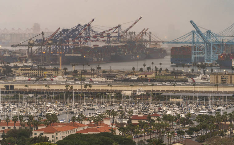 ASSOCIATED PRESS
                                Container cargo ships were seen docked, March 3, in the Port of Los Angeles. A trade bottleneck born of the COVID-19 outbreak has U.S. businesses waiting for shipments from Asia — while off the coast of California, dozens of container ships have been anchored, unable to unload their cargo.