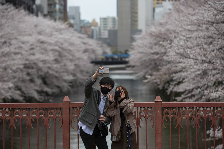 ASSOCIATED PRESS
                                People wearing protective masks to help curb the spread of the coronavirus take a selfie on a bridge as cherry blossoms bloom over Meguro River Sunday in Tokyo.