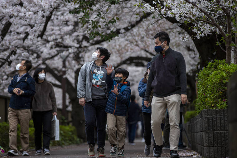 ASSOCIATED PRESS
                                People wearing protective masks to help curb the spread of the coronavirus walk under a canopy of cherry blossoms Sunday in Tokyo.