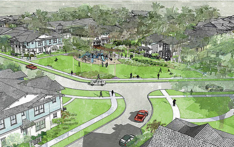 RENDERING COURTESY GENTRY HOMES
                                The new Kalaeloa project is intended to be a pedestrian-oriented community. The mix of homes envisioned by Gentry is 174 townhome condominiums and 150 single-family residences with two, three and four bedrooms.