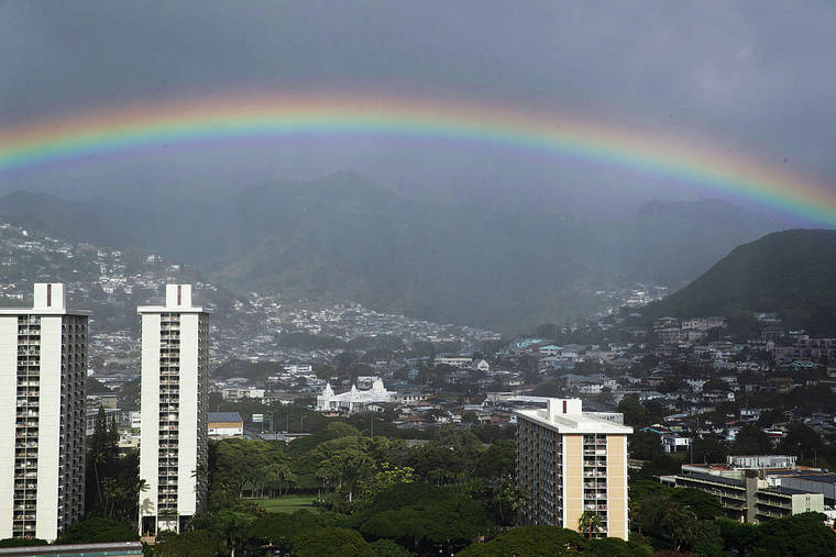 GEORGE F. LEE / GLEE@STARADVERTISER.COM 
                                A rainbow hovers over homes, condominiums and apartments in lower Nuu­anu, Pacific Heights and Punchbowl on Feb. 28.