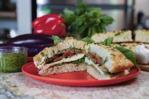 CINDY ELLEN RUSSELL / CRUSSELL@STARADVERTISER.COM
                                Natalie Aczon’s focaccia pesto sandwich with eggplant, peppers, zucchini and mozzarella.