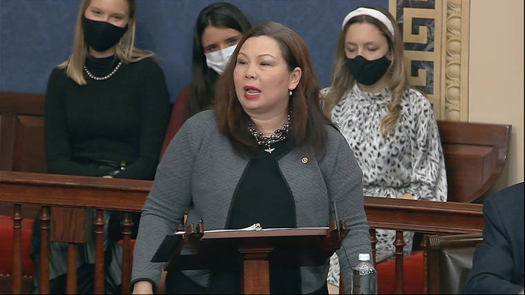 SENATE TELEVISION VIA AP
                                In this image from video, Sen. Tammy Duckworth, D-Ill., speaks as the Senate reconvenes after protesters stormed into the U.S. Capitol on Jan. 6.