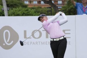 CRAIG T. KOJIMA / APRIL 12, 2018
                                Brooke Henderson tees off at the Lotte Championship tournament at Ko Olina in 2018. The tournament will move to the Kapolei Golf Course this year.
