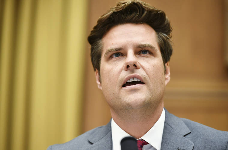 MANDEL NGAN/POOL VIA ASSOCIATED PRESS
                                Rep. Matt Gaetz, R-Fla., spoke, July 29, during a House Judiciary subcommittee hearing on antitrust on Capitol Hill in Washington. Federal prosecutors are examining whether Gaetz and a political ally, who is facing sex trafficking allegations, may have paid underage girls or offered them gifts in exchange for sex, two people familiar with the matter told The Associated Press today.