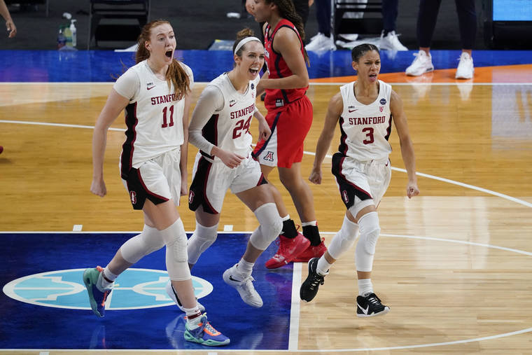 ASSOCIATED PRESS
                                Stanford forward Ashten Prechtel (11), guard Lacie Hull (24) and guard Anna Wilson (3) celebrate during the first half of the championship game against Arizona in the women’s Final Four NCAA college basketball tournament today at the Alamodome in San Antonio.