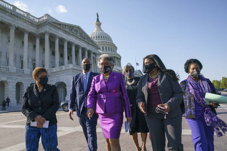 ASSOCIATED PRESS
                                Members of the Congressional Black Caucus walk to make a make a statement on the verdict in the murder trial of former Minneapolis police Officer Derek Chauvin in the death of George Floyd on Tuesday. From left are Rep. Karen Bass, D-Calif., Rep. Andre Carson, D-Ind. Rep. Joyce Beatty, D-Ohio, chair of the Congressional Black Caucus, Rep. Brenda Lawrence, D-Mich., Rep. Cori Bush, D-Mo., and Rep. Sheila Jackson Lee, D-Tex.