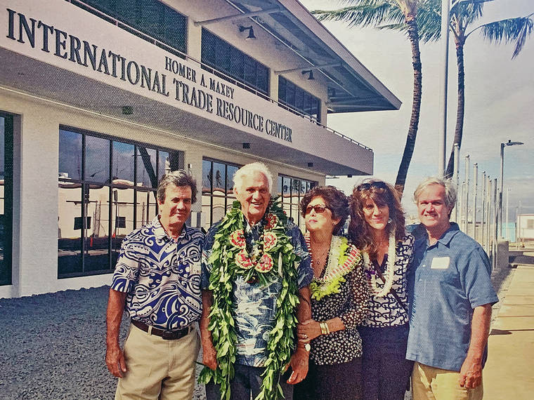 COURTESY RICK MAXEY / 2014
                                Homer A. Maxey Jr. with his family on the day that the Homer A. Maxey International Trade Center was named in his honor. Pictured are his son Rick Maxey, left; Maxey Jr.; his wife, Mahina Maxey; daughter Maile Ford; and son Mark Maxey. Daughter Leanne Morin could not make the dedication, as she was living in Alberta.