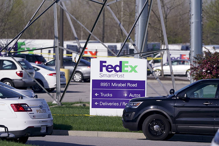 ASSOCIATED PRESS / APRIL 16
                                Vehicles are parked at the scene where multiple people were shot at the FedEx Ground facility early Friday morning in Indianapolis. A gunman killed eight people and wounded several others before apparently taking his own life in a late-night attack at a FedEx facility near the Indianapolis airport, police said, in the latest in a spate of mass shootings in the United States after a relative lull during the pandemic.