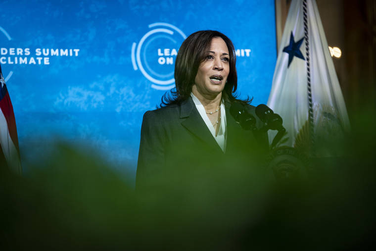 NEW YORK TIMES
                                Vice President Kamala Harris speaks during a virtual Leaders Summit on Climate, at the White House in Washington on Thursday.