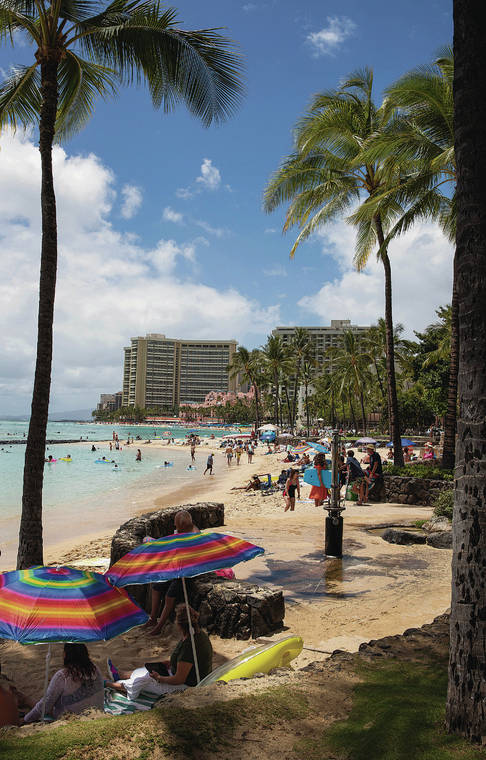 CINDY ELLEN RUSSELL / CRUSSELL@STARADVERTISER.COM
                                Beachgoers Friday enjoyed Kuhio Beach in Waikiki. The state Legislature is advancing a bill that would allow counties to raise their transient accommodations tax up to 3% for up to a 10-year period.