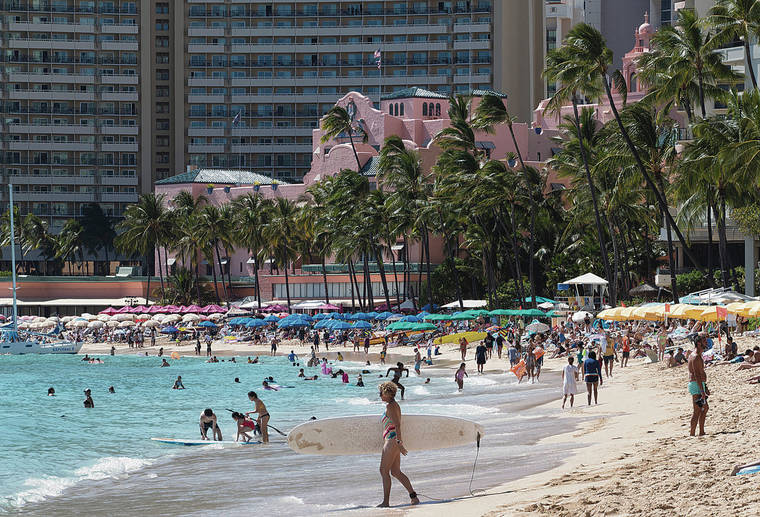 CINDY ELLEN RUSSELL / CRUSSELL@STARADVERTISER.COM
                                Beachgoers crowded the sands of Waikiki on a afternoon.
