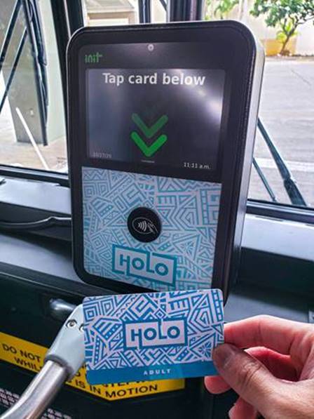 COURTESY HONOLULU DEPARTMENT OF TRANSPORTATION SERVICES
                                Starting July 1, TheBus riders will be switching to electronic HOLO cards instead of paper passes.