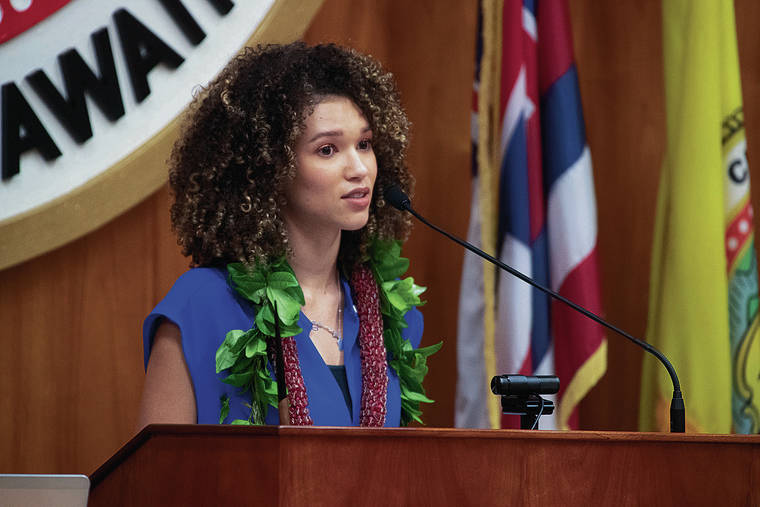 GEORGE F. LEE / JAN. 2
                                Despite support for a measure designating Juneteenth as an official state holiday, Miss Hawaii USA Samantha Neyland said she and her coalition faced pushback from “people who said that racism doesn’t exist in Hawaii.” Neyland speaks at the Honolulu City Council swearing-in ceremony.