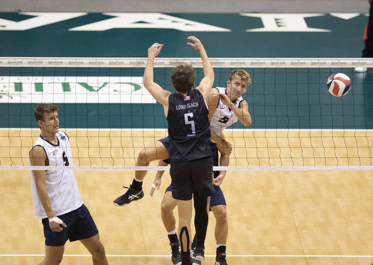 CINDY ELLEN RUSSELL / CRUSSELL@STARADVERTISER.COM 
                                UC Santa Barbara’s Ryan Wilcox, a Punahou graduate, placed a kill past Long Beach’s Aidan Knipe during the second set in a Big West tournament semifinal on Friday at SimpliFi Arena at the Stan Sheriff Center.