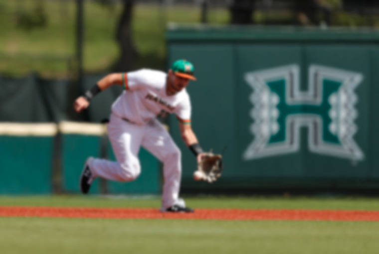 STAR-ADVERTISER
                                Hawaii third baseman Dustin Demeter tracked a ground ball hit by UH-Hilo outfielder Rustin Ho, in Feb. 2020, during the second inning of a game between the UH-Hilo Vulcans and the Hawaii Rainbow Warriors at Les Murakami Stadium. Demeter today was named the Big West Conference’s field player of the week for baseball.