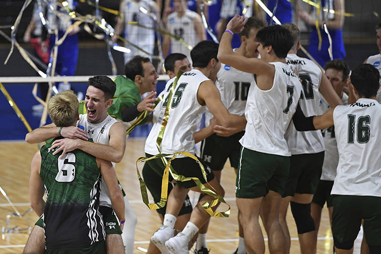 ASSOCIATED PRESS
                                Hawaii’s Spyros Chakas (back) and Gage Worsley (6) celebrate after Hawaii defeated BYU in the final of the NCAA men’s volleyball tournament today in Columbus, Ohio.