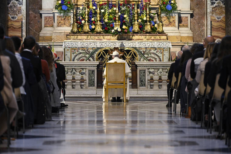 RICCARDO ANTIMIANI/POOL PHOTO VIA AP
                                Pope Francis prays in the Gregorian Chapel in St. Peter’s Basilica at the Vatican. Pope Francis led a special prayer service Saturday evening to invoke the end of the pandemic.