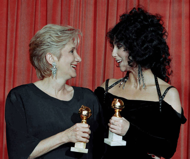 ASSOCIATED PRESS / 1988
                                Actress Olympia Dukakis, winner of a Golden Globe for “Best Performance in a Supporting Role” and Cher, winner of the “Best Performance by an Actress in a musical or comedy”, hold the awards they received for performances in the hit movie “Moonstruck” at the Beverly Hilton Hotel. Olympia Dukakis, the veteran stage and screen actress whose flair for maternal roles helped her win an Oscar as Cher’s mother in the romantic comedy “Moonstruck,” has died. She was 89.