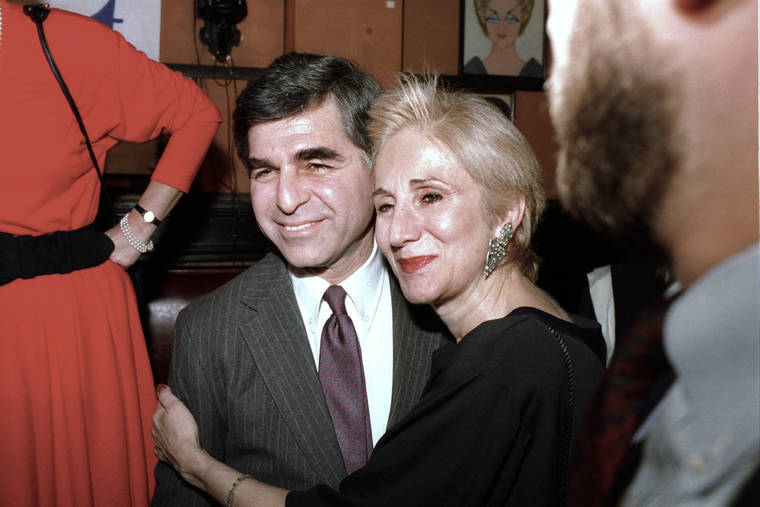 ASSOCIATED PRESS / 1988
                                Massachusetts Gov. Michael Dukakis poses with cousin Olympia Dukakis during a fundraiser in New York. Olympia Dukakis, the veteran stage and screen actress whose flair for maternal roles helped her win an Oscar as Cher’s mother in the romantic comedy “Moonstruck,” has died. She was 89.