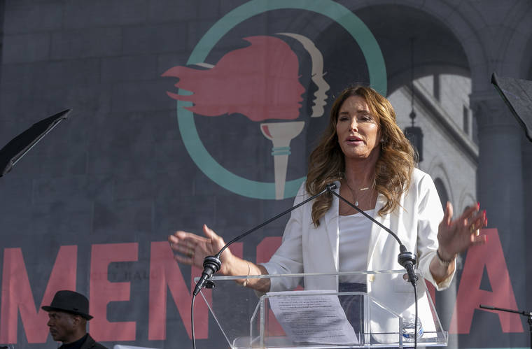 ASSOCIATED PRESS
                                Caitlyn Jenner speaks at the fourth Women’s March in Los Angeles on Jan. 18. Jenner, the former Olympic champion and reality TV personality now running for California governor, said she opposes transgender girls competing in girls’ sports at school. Jenner told a TMZ reporter on Saturday that it’s “a question of fairness.”