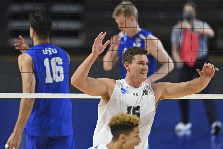 ASSOCIATED PRESS
                                Hawaii’s Patrick Gasman looked to join his teammates to celebrate after putting down the final point in the Rainbow Warriors’ sweep of BYU in Saturday’s NCAA men’s volleyball championship in Columbus, Ohio.