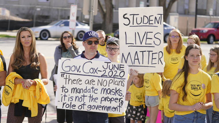 ASSOCIATED PRESS
                                Parents and students protested students wearing masks to school, April 10, during a rally in Farmington, Utah. Dozens of school districts around the country have eliminated requirements for students to wear masks, and many more are likely to ditch mask requirements before the next academic year.