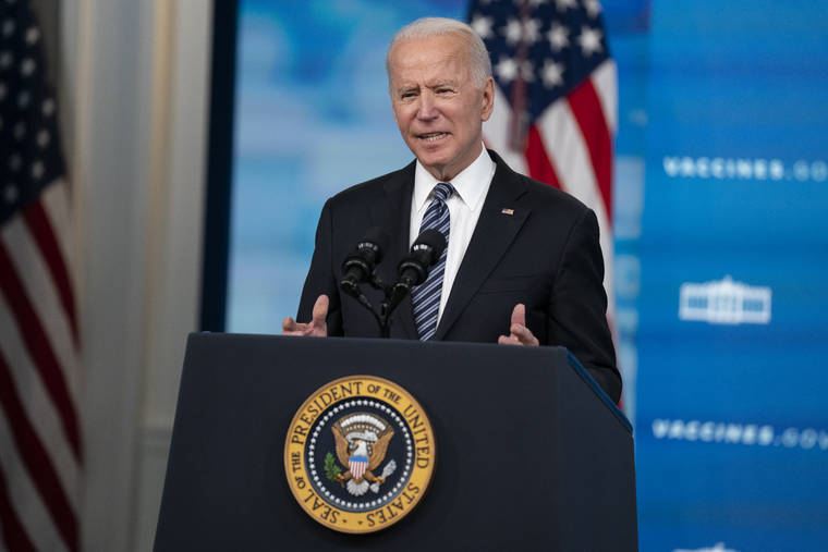 ASSOCIATED PRESS
                                President Joe Biden delivers remarks about COVID vaccinations in the South Court Auditorium at the White House today in Washington.