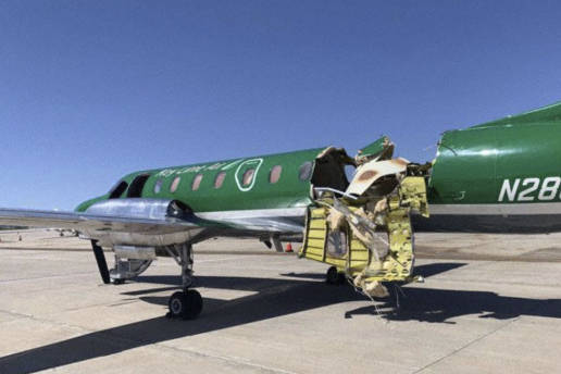 ASSOCIATED PRESS
                                This image from CBS Denver shows a Key Lime Air Metroliner that landed safely at Centennial Airport after a mid-air collision near Denver today. Federal officials say two airplanes collided but that there are no injuries. The collision between a twin-engine Fairchild Metroliner and a single-engine Cirrus SR22 happened as both planes were landing, according to the National Transportation Safety Board. Key Lime Air, which owns the Metroliner, says its aircraft sustained substantial damage to the tail section but that the pilot was able to land safely.