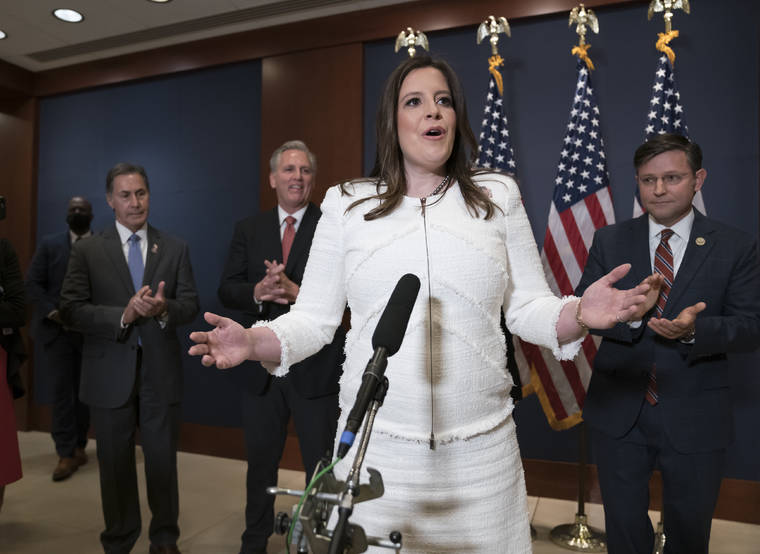 ASSOCIATED PRESS
                                Rep. Elise Stefanik, R-N.Y., spoke to reporters at the Capitol in Washington, today, just after she was elected chair of the House Republican Conference, replacing Rep. Liz Cheney, R-Wyo., who was ousted from the GOP leadership for criticizing former President Donald Trump. She was joined by, from left, Rep. Gary Palmer, R-Ala., House Minority Leader Kevin McCarthy, R-Calif., and Rep. Mike Johnson, R-La.