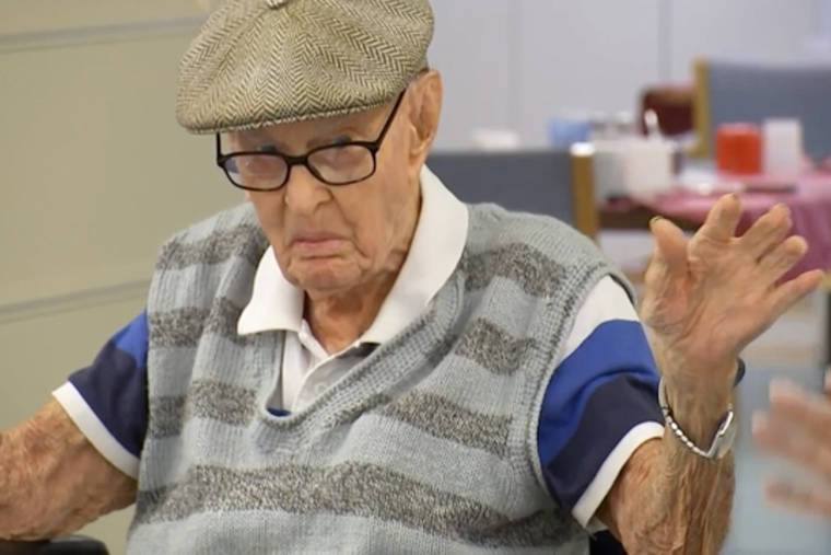 AUSTRALIAN BROADCASTING CORPORATION VIA ASSOCIATED PRESS
                                Australia’s Dexter Kruger gestures at a nursing home in the rural Queensland state town of Roma, Australia on May 13. Kruger, Australia’s oldest-ever man, has included eating chicken brains among his secrets to living more than 111 years.