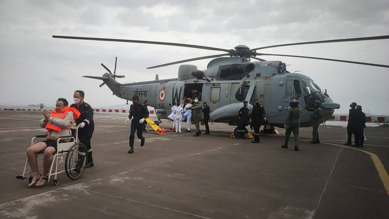 COURTESY INDIAN NAVY VIA AP
                                One of the men rescued by the navy from the Arabian sea being brought for medical attention at naval air station INS Shikra in Mumbai, India, Tuesday.
