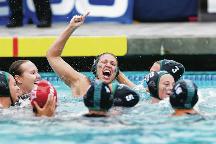 PHOTO BY DERRICK TUSKAN / BIG WEST
                                Hawaii’s Carmen Baringo, a junior from Spain, was pumped as she celebrated with her Rainbow Wahine teammates after they beat UC Irvine in the Big West Women’s Water Polo Championship at UC San Diego’s Canyonview Aquatics Center on Sunday.