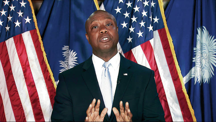SENATE TELEVISION / AP
                                U.S. Sen. Tim Scott, R-S.C., delivered the Republican response to President Joe Biden’s speech to a joint session of Congress on April 28 in Washington.