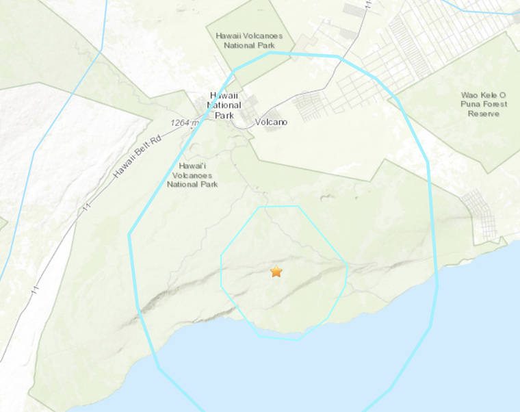 COURTESY USGS
                                 The star on this U.S. Geological Survey map shows the epicenter of today’s magnitude 4.2 earthquake south of Volcano.